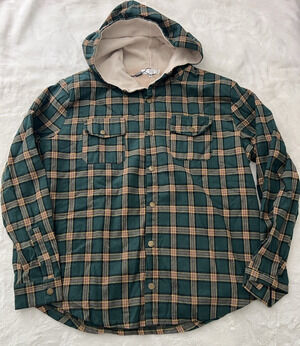 Mens Zaful Hooded Plaid Flannel Jacket XL Sherpa Lined Snap Front Green Coat New